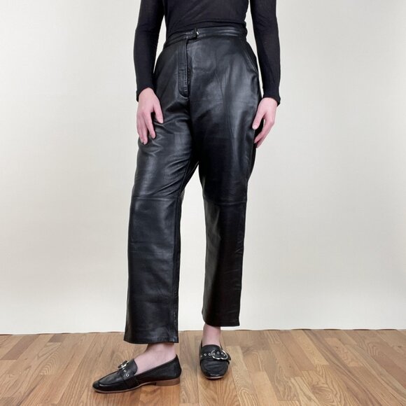 Vintage 100% Lamb Leather High Rise Waisted Straight Leg Trouser Pants Preppy - Picture 3 of 5